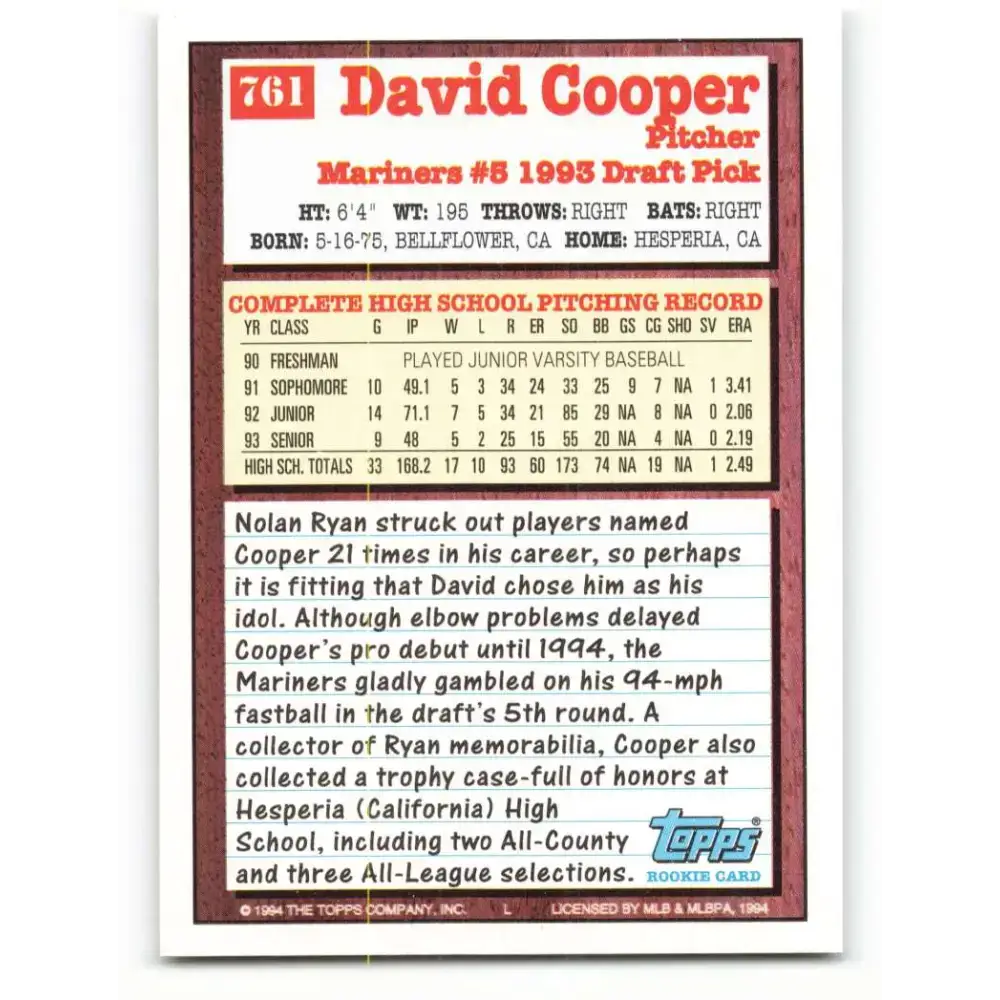 1994 Topps #761 David Cooper EX Excellent RC Rookie Seattle Mariners Baseball Card - Baseball Card Single
