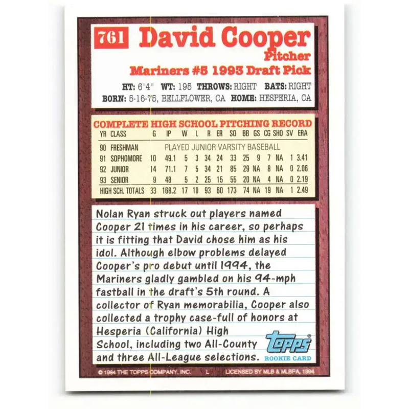 1994 Topps #761 David Cooper EX Excellent RC Rookie Seattle Mariners Baseball Card - Baseball Card Single