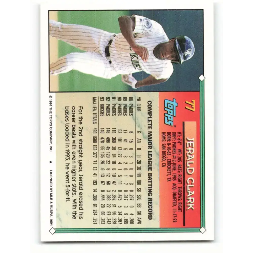 1994 Topps #77 Jerald Clark EX Excellent Colorado Rockies Baseball Card - Baseball Card Single