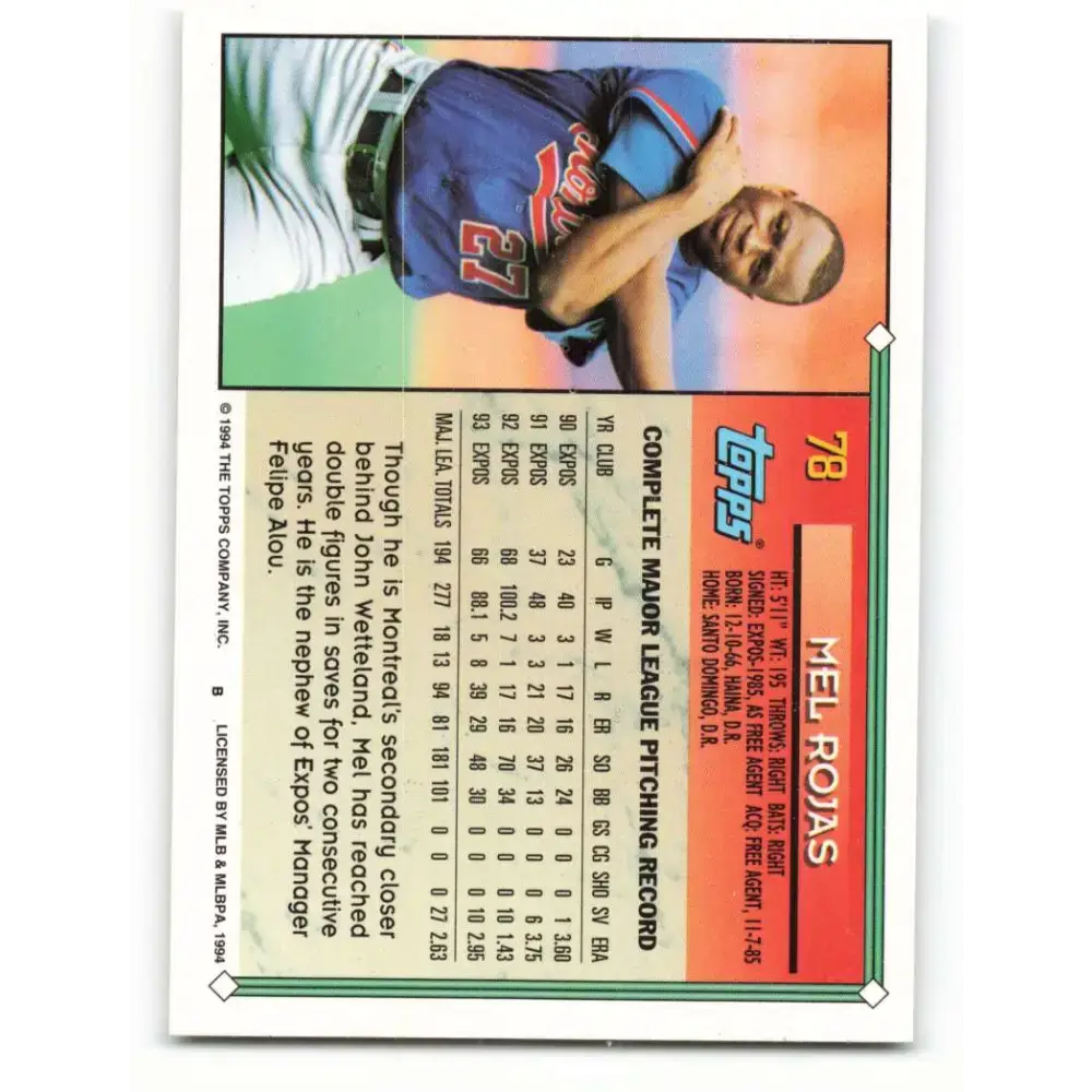 1994 Topps #78 Mel Rojas EX Excellent Montreal Expos Baseball Card - Baseball Card Single