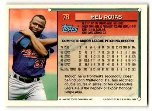 Original gloss 1994 Topps Mel Rojas NRMT baseball card with career stats and bio