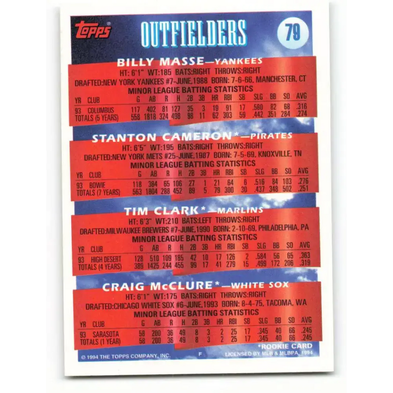 1994 Topps #79 Billy Masse/Stanton Cameron/Tim Clark/Craig McClure EX Excellent RC Rookie New York Yankees/Pittsburgh