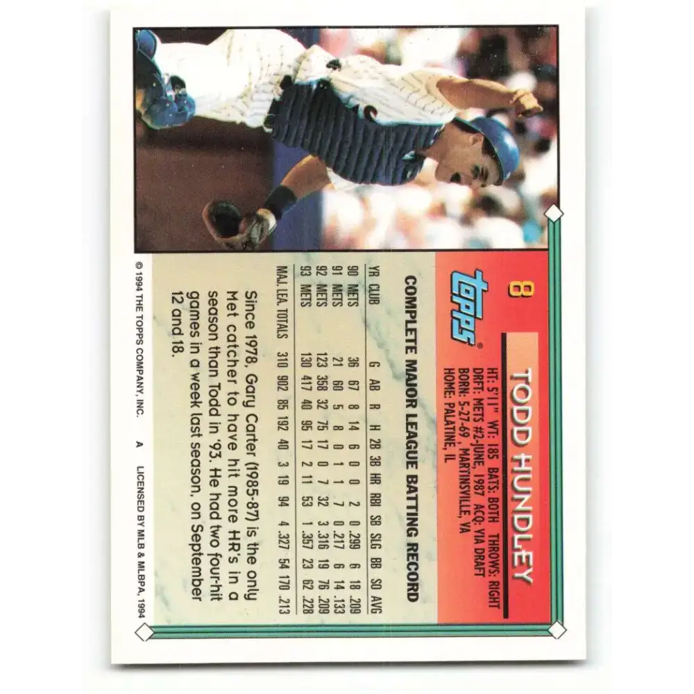 1994 Topps #8 Todd Hundley EX Excellent New York Mets Baseball Card - Baseball Card Single