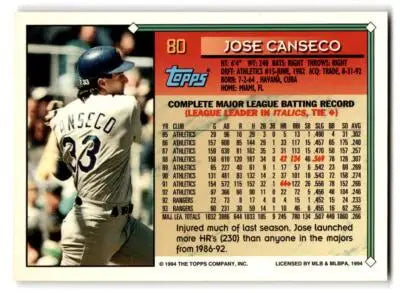 1994 Topps #80a Jose Canseco - Baseball Card Single