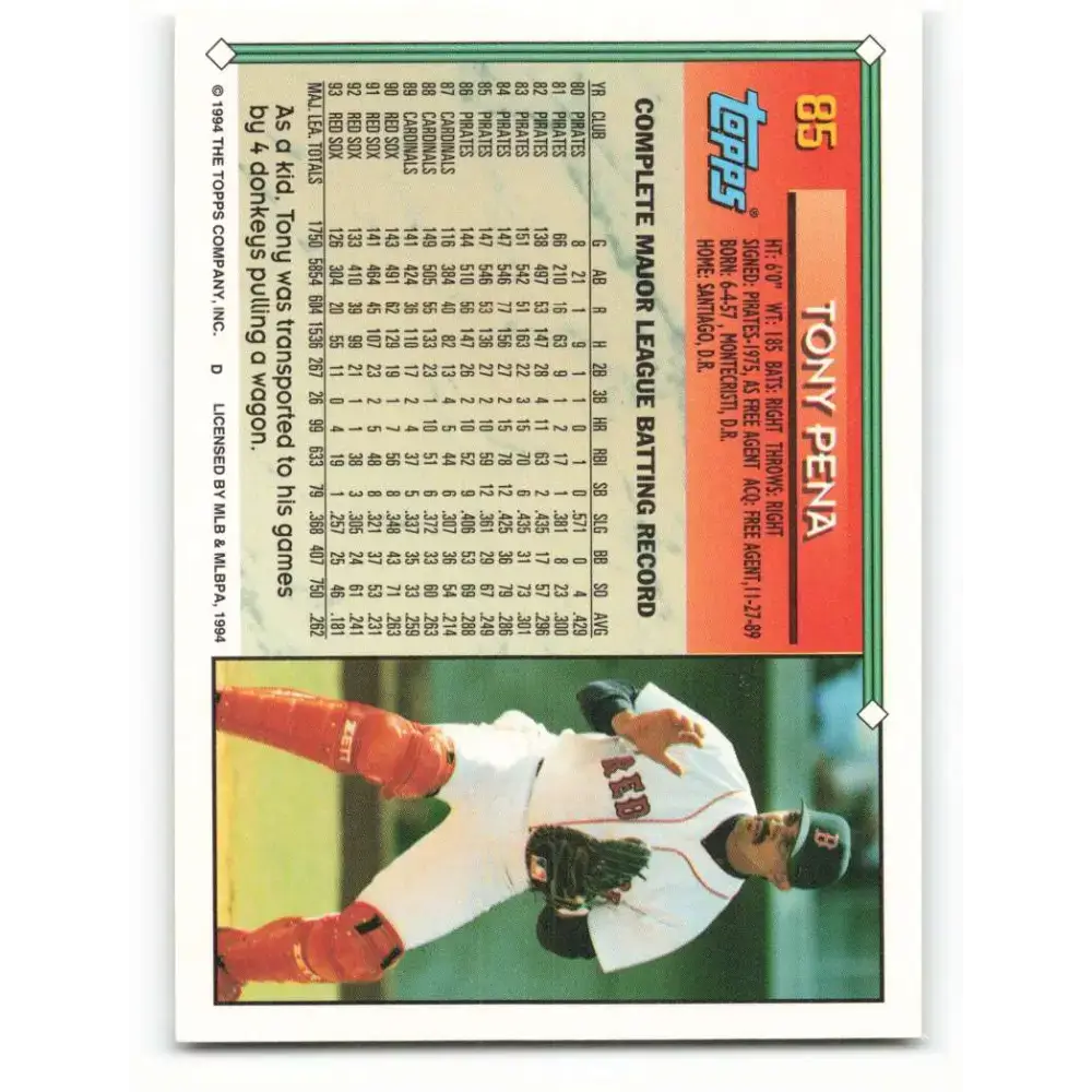1994 Topps #85 Tony Pena EX Excellent Boston Red Sox Baseball Card - Baseball Card Single