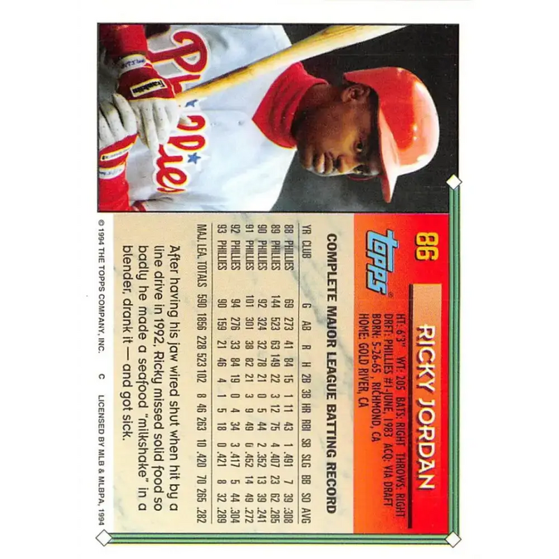 1994 Topps #86 Ricky Jordan EX Excellent Philadelphia Phillies Baseball Card - Baseball Card Single