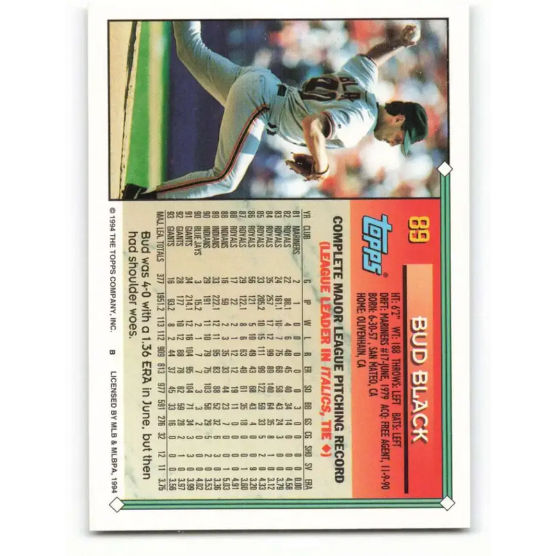 1994 Topps #89 Bud Black EX Excellent San Francisco Giants Baseball Card - Baseball Card Single
