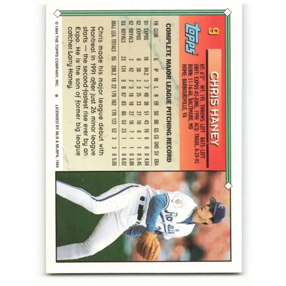 1994 Topps #9 Chris Haney EX Excellent Kansas City Royals Baseball Card - Baseball Card Single