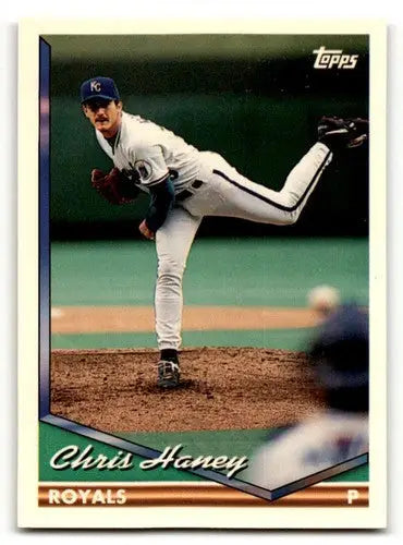 Original gloss 1990 Topps Chris Haney Kansas City Royals baseball card in NrMt condition