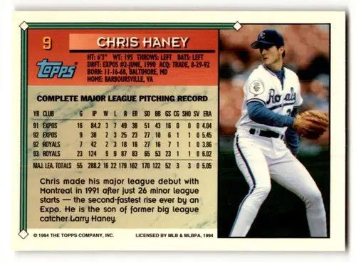 Original gloss 1994 Topps Chris Haney NrMt baseball card with pitching record ID 47012