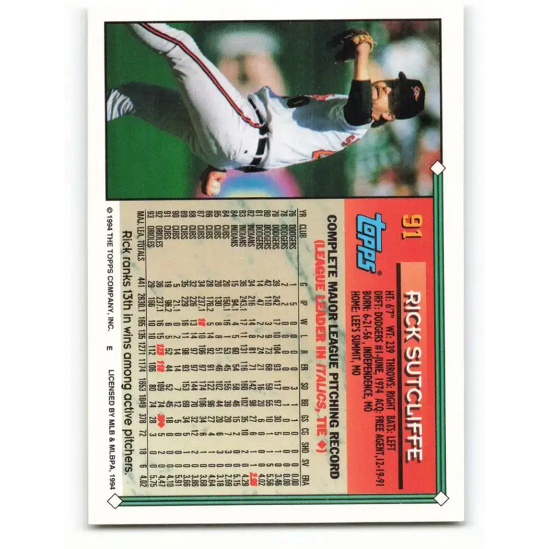 1994 Topps #91 Rick Sutcliffe EX Excellent Baltimore Orioles Baseball Card - Baseball Card Single