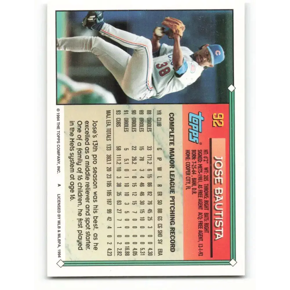 1994 Topps #92 Jose Bautista EX Excellent Chicago Cubs Baseball Card - Baseball Card Single