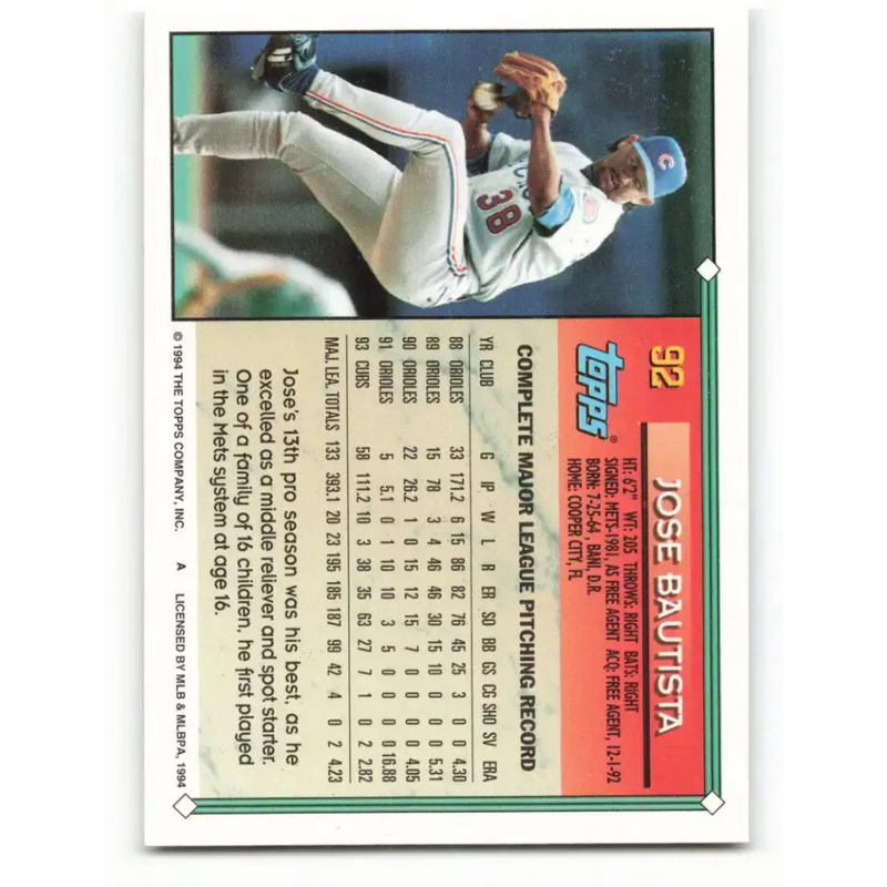 1994 Topps #92 Jose Bautista EX Excellent Chicago Cubs Baseball Card - Baseball Card Single