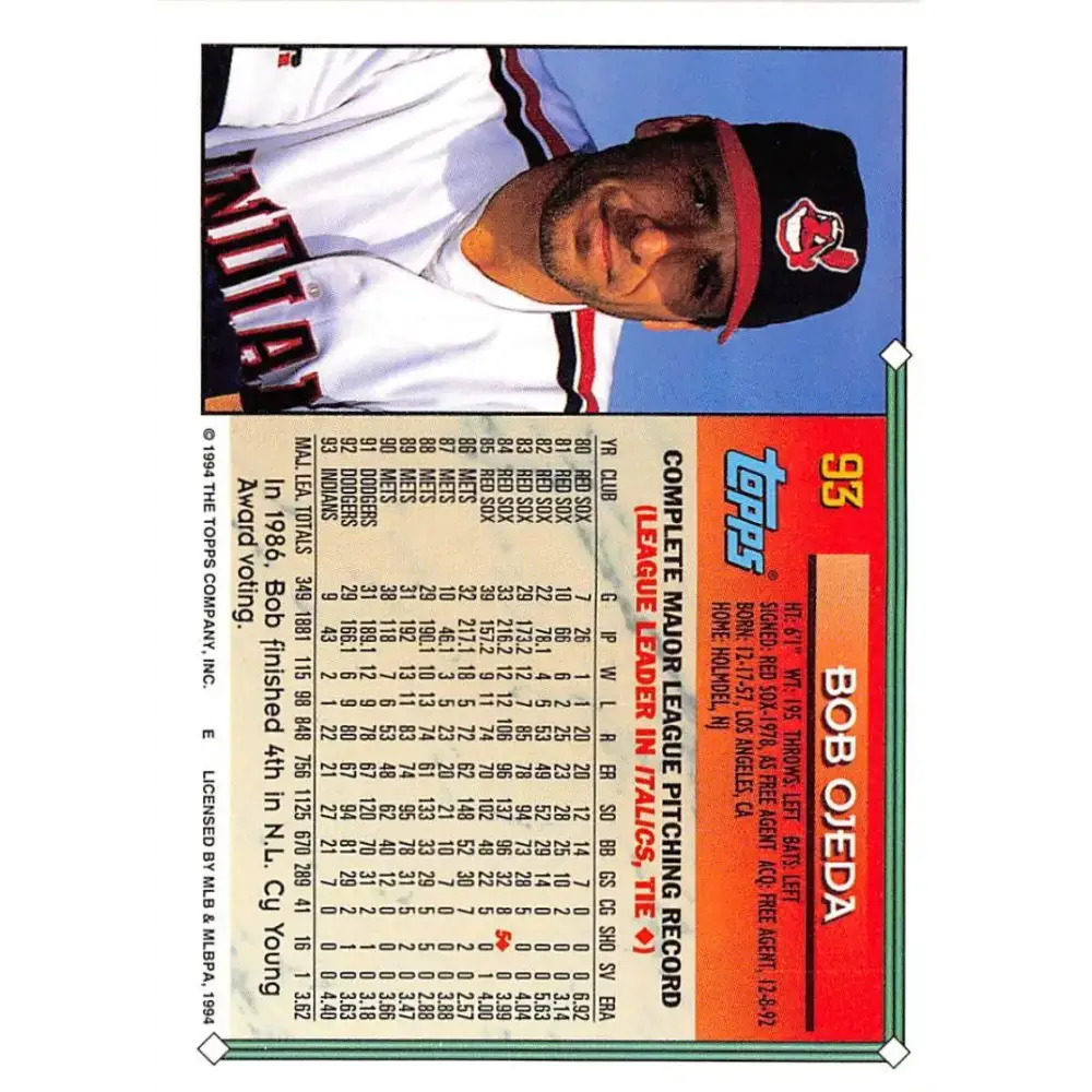 1994 Topps #93 Bob Ojeda EX Excellent Cleveland Indians Baseball Card - Baseball Card Single