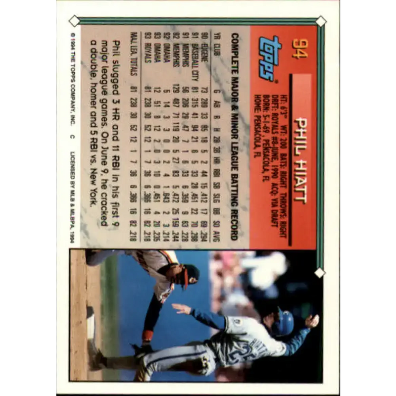 1994 Topps #94 Phil Hiatt EX Excellent Kansas City Royals Baseball Card - Baseball Card Single