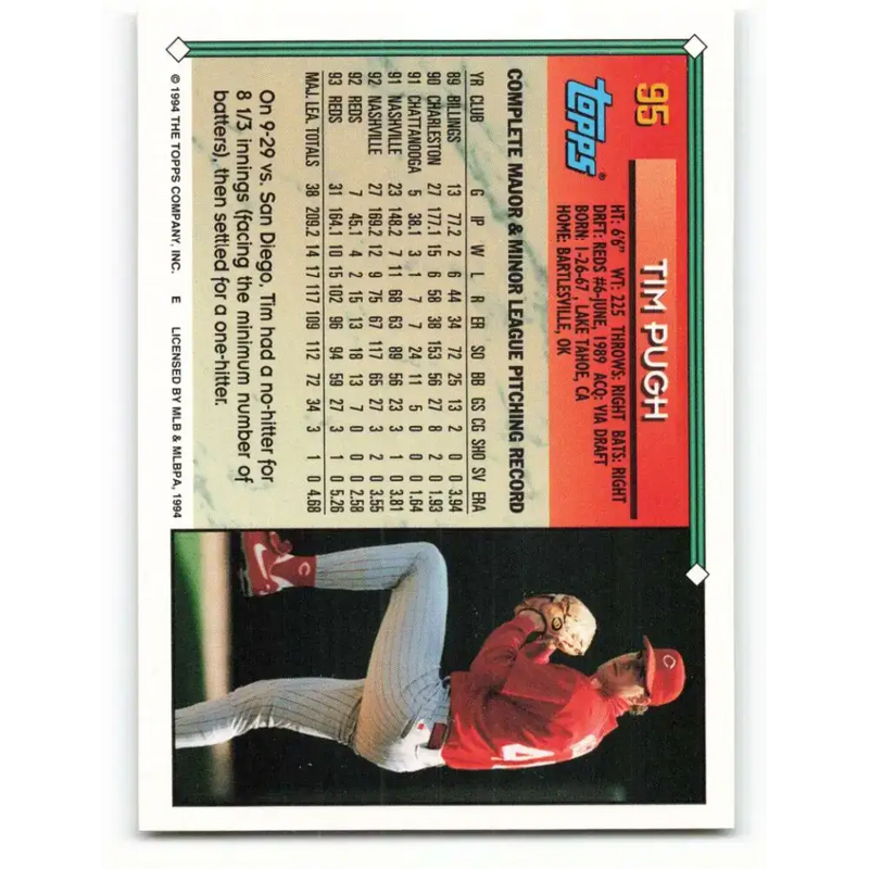 1994 Topps #95 Tim Pugh EX Excellent Cincinnati Reds Baseball Card - Baseball Card Single
