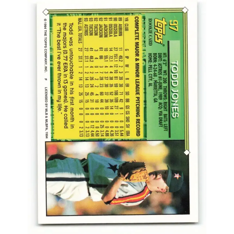 1994 Topps #97 Todd Jones EX Excellent Houston Astros Baseball Card - Baseball Card Single