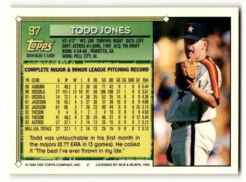 Todd Jones Houston baseball card from 1994 Topps #97 Houston Astros baseball collectible