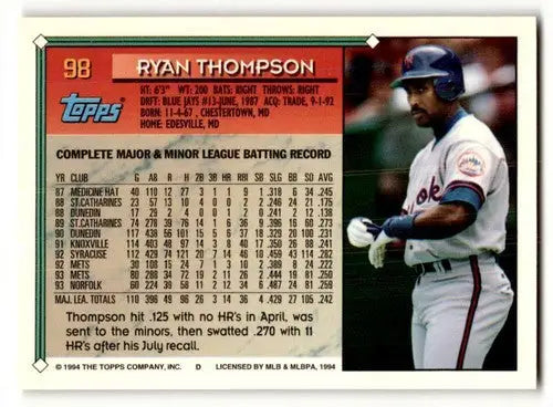 Vintage 1994 Topps Ryan Thompson baseball card with career stats and original gloss