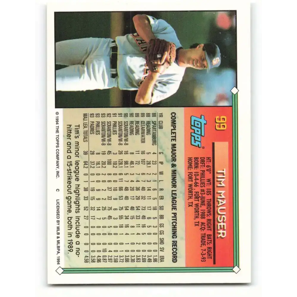 1994 Topps #99 Tim Mauser EX Excellent San Diego Padres Baseball Card - Baseball Card Single