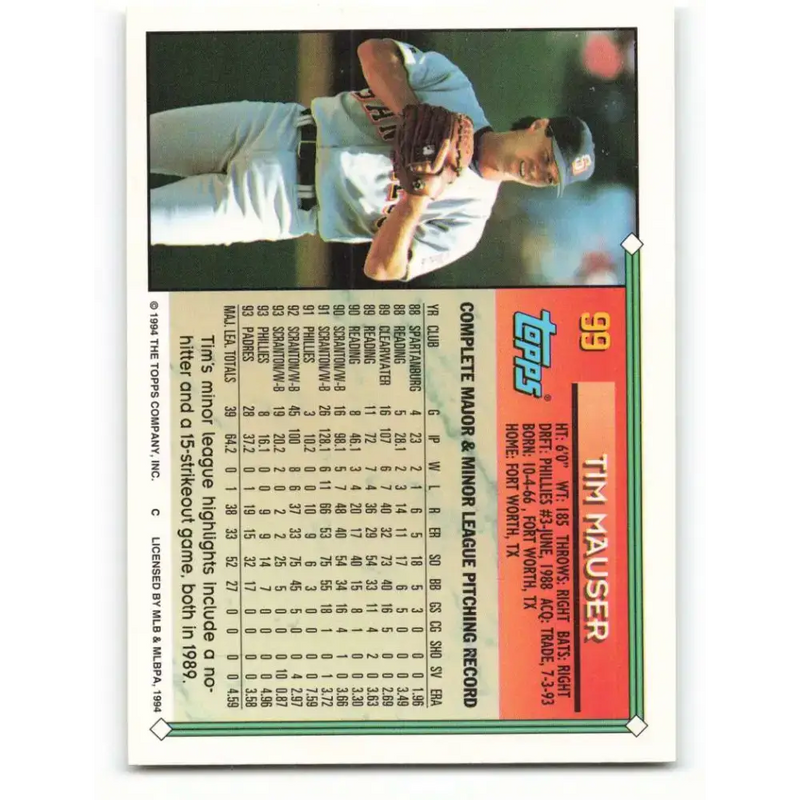 1994 Topps #99 Tim Mauser EX Excellent San Diego Padres Baseball Card - Baseball Card Single