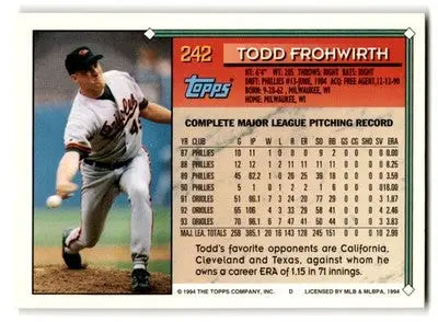 1994 Topps Baseball Todd Frohwirth Gold #242 Baltimore Orioles - Baseball Card Single