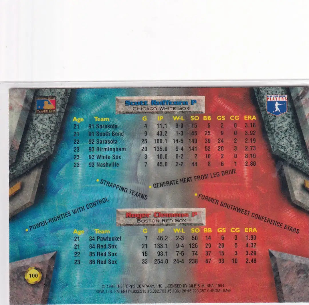 1994 TOPPS BOWMAN BEST #100 ROGER CLEMENS & SCOTT RUFFCORN- BOSTON RED SOX