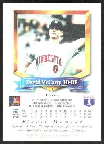 1994 Topps Finest #17 David McCarty NM Near Mint Twins FIN ID:82750 - Baseball Card Single