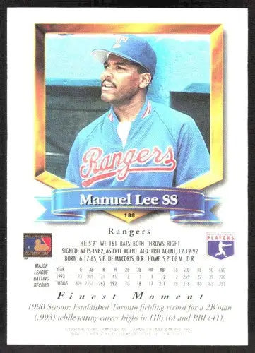 1994 Topps Finest #188 Manuel Lee NM Near Mint Rangers ID:82854 - Baseball Card Single