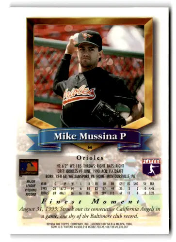 Original gloss 1994 Topps Finest Mike Mussina baseball card Orioles ID 72572