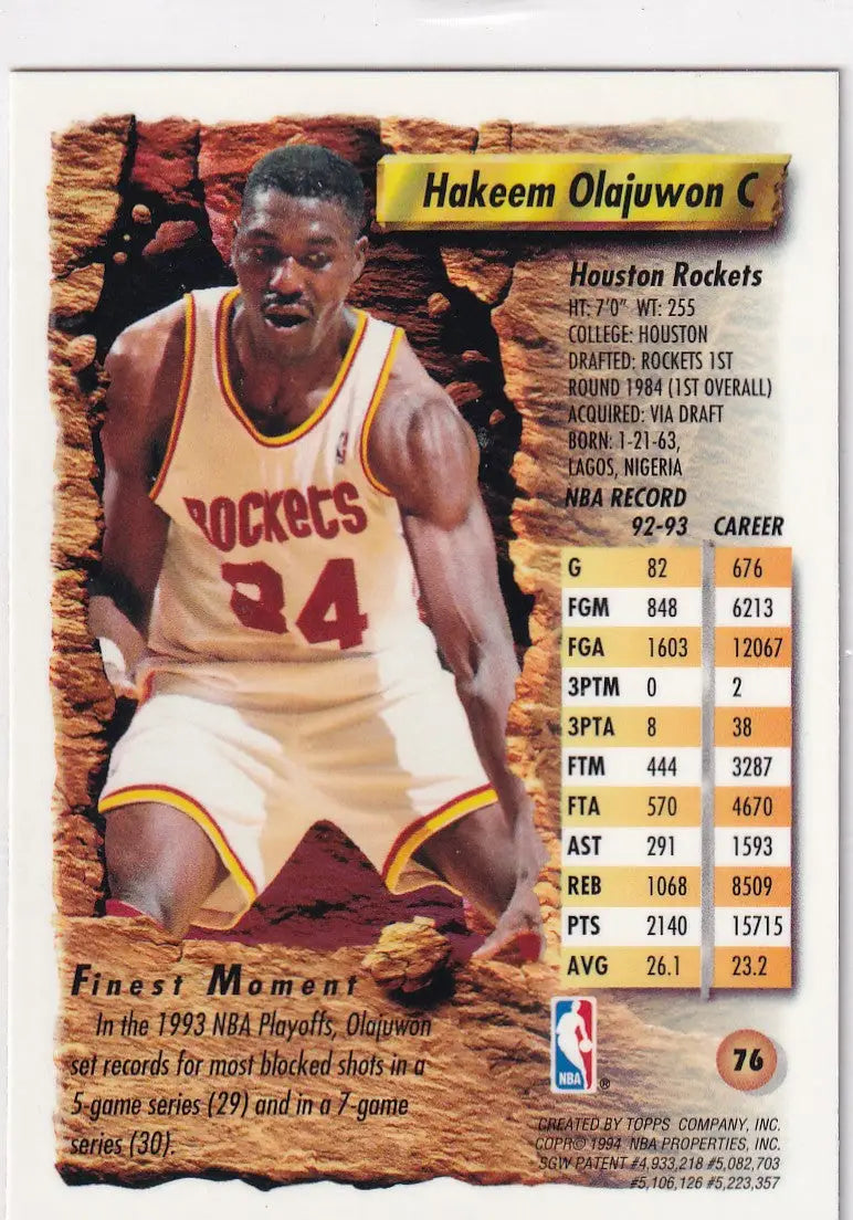 1994 TOPPS FINEST #76 HAKEEM OLAJUWON- HOUSTON ROCKETS - Basketball Card Single