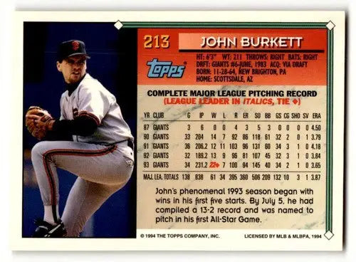 Original gloss San Francisco Giants John Burkett 1994 Topps Gold baseball card