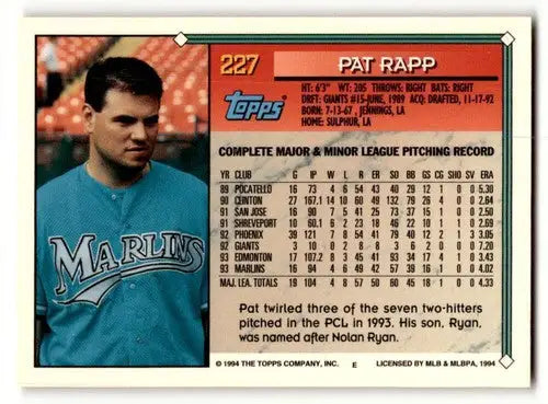Original gloss Pat Rapp Florida Marlins baseball card from 1994 Topps Gold series