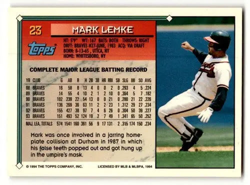 Original gloss 1994 Topps Gold Mark Lemke Atlanta Braves baseball card front view