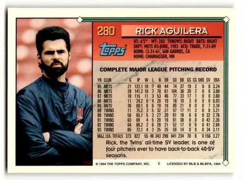 Original gloss 1994 Topps Gold Rick Aguilera Minnesota Twins baseball card EX