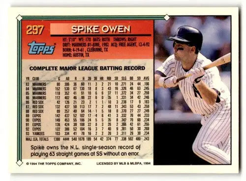 Original gloss Spike Owen Yankees baseball card from 1994 Topps Gold series