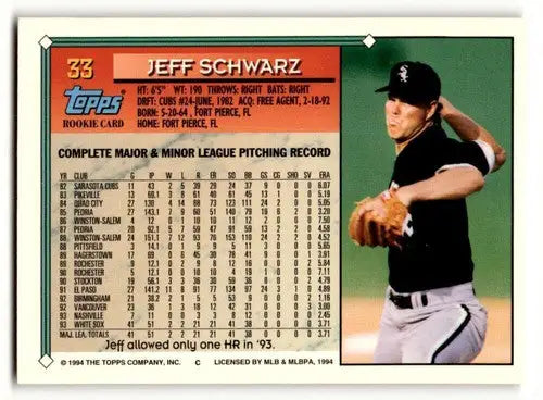 1994 Topps Gold #33 Jeff Schwarz Chicago White Sox Baseball Cards EX ID:59833 - Baseball Card Single
