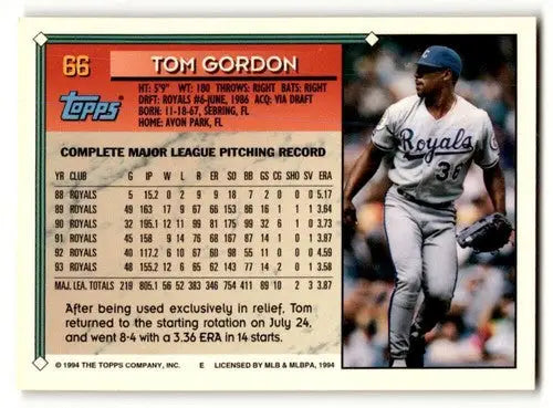 Original gloss Tom Gordon Kansas City Royals baseball card from 1994 Topps Gold