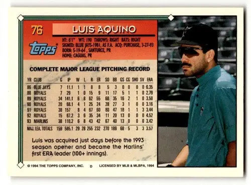 Original gloss Luis Aquino Florida Marlins baseball card from 1994 Topps Gold series