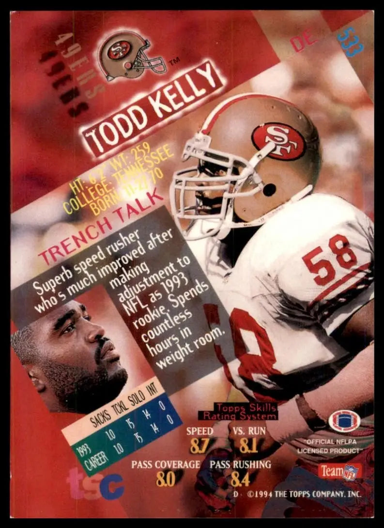 1994 Topps Stadium Club Todd Kelly #533 San Francisco 49ers Football Card NFL - Football Card Single