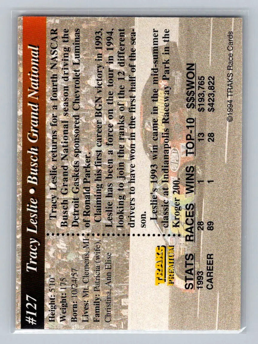 1994 Traks #127b Tracy Leslie Parker Racing - Racing Card Single