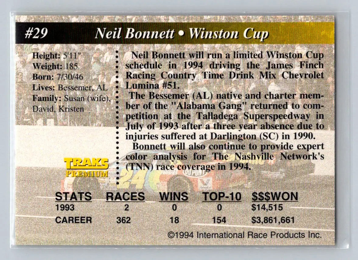 1994 Traks #29 Neil Bonnett Richard Childress Racing - Racing Card Single