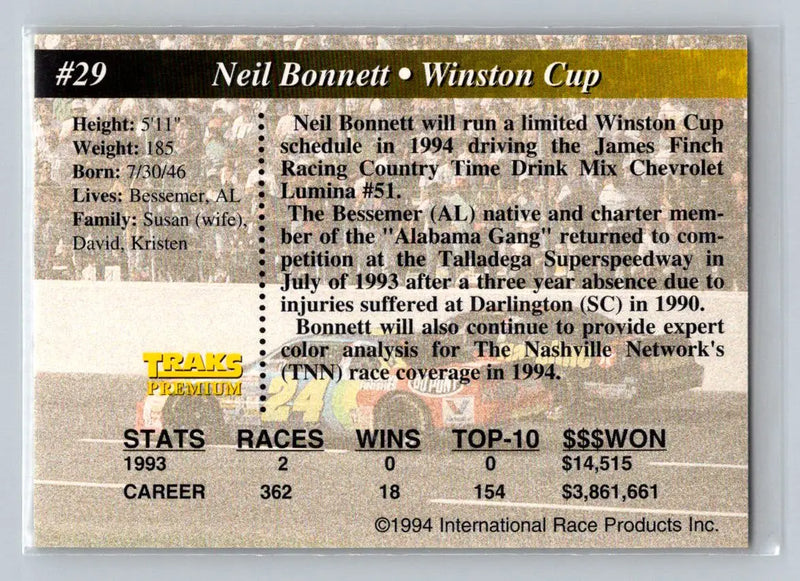 1994 Traks #29 Neil Bonnett Richard Childress Racing - Racing Card Single