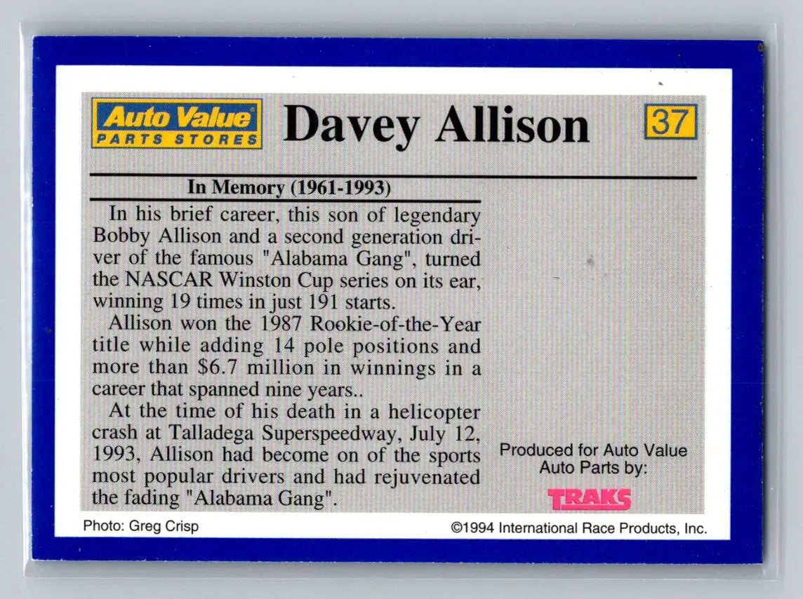 1994 Traks Auto Value #37 Davey Allison Robert Yates Racing - Racing Card Single