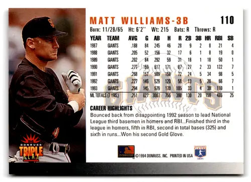 1994 Triple Play Matt Williams baseball card with original gloss and near mint condition