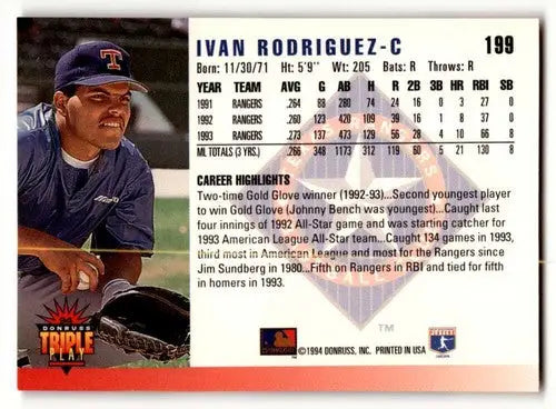 Baseball card back featuring Ivan Rodriguez Texas Rangers baseball card 1994 Triple Play
