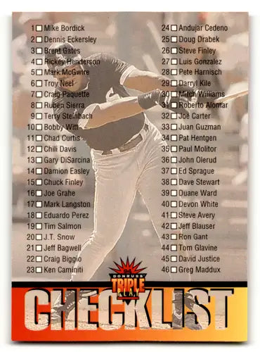 Baseball checklist card from 1994 Triple Play set featuring Simply Sandoval with original gloss