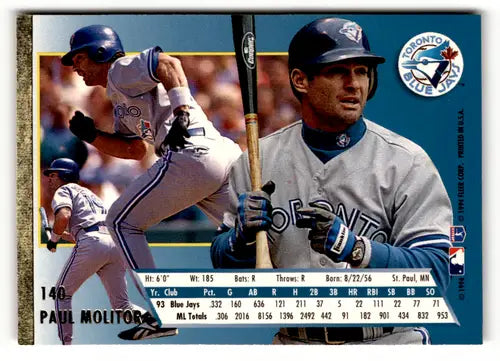 Paul Molitor Toronto Blue Jays baseball card from 1994 Ultra series shown
