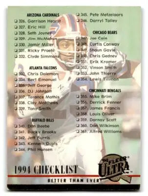 1994 Fleer Ultra football checklist card from 1994 Ultra #523 featuring great cards