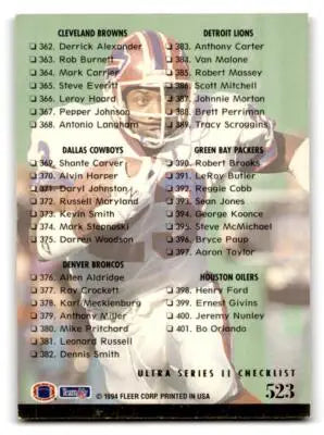Football card checklist for 1994 Ultra #523 featuring great cards from 326-401